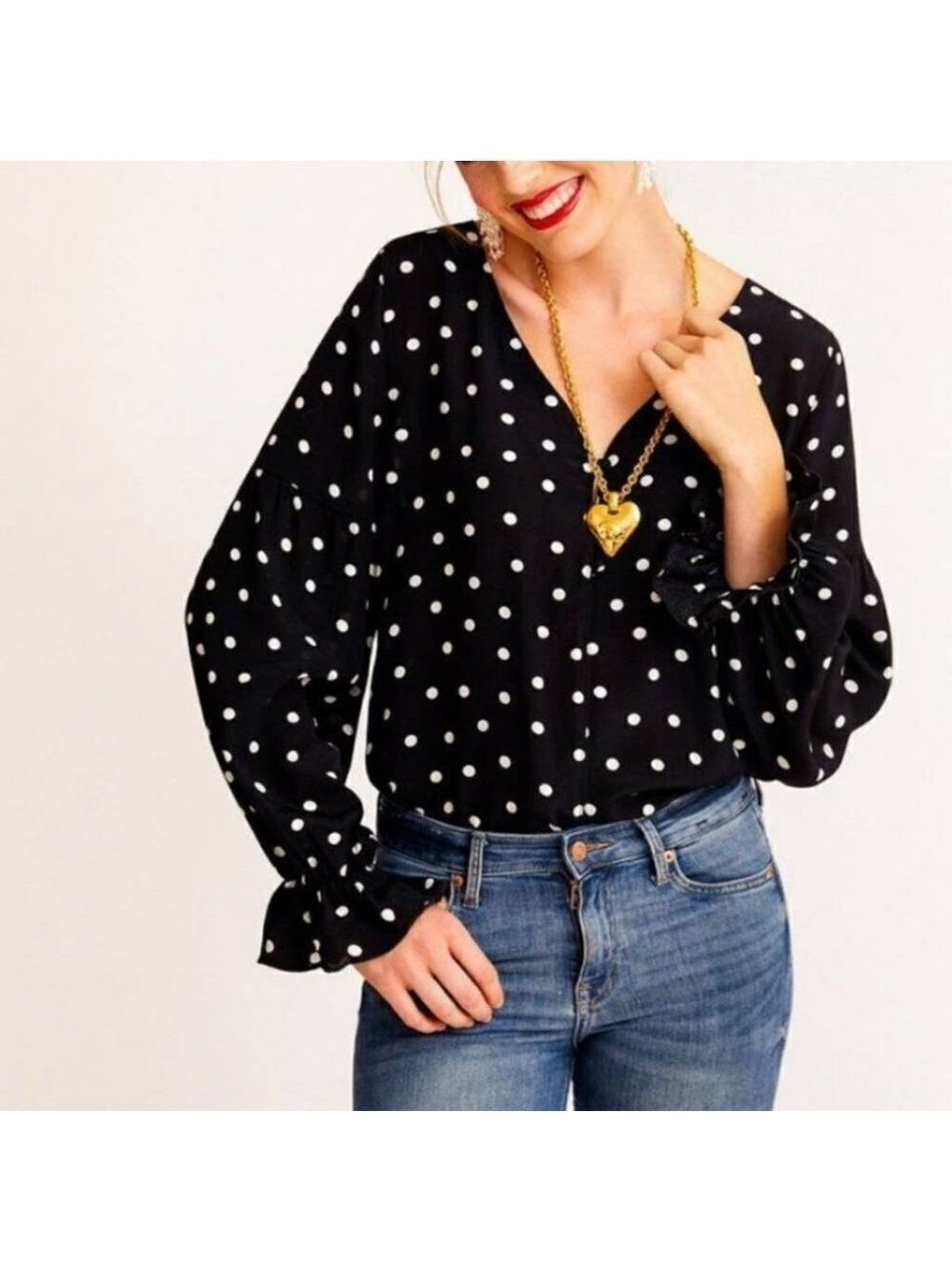 NWOT Sanctuary Alma Polka Dot V Neck Blouse Sz XS Black White